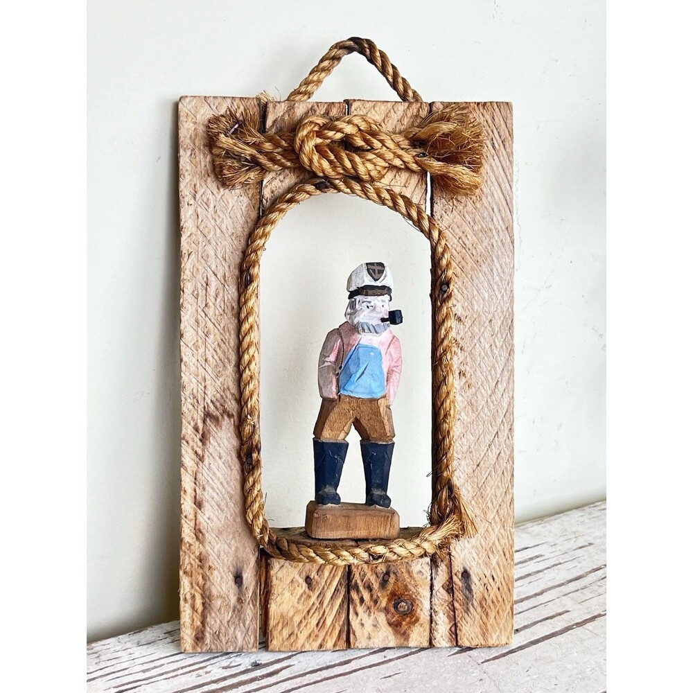 Vintage Hand Carved Wooden Salty Sailor Plaque 3D Wall Hanging Rope Accents 10”